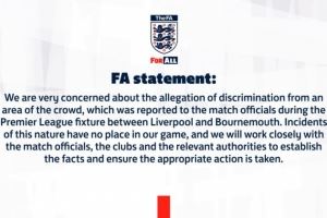 英足总官方：对塞梅诺遭种族歧视保持关注，将查明事实并采取行动